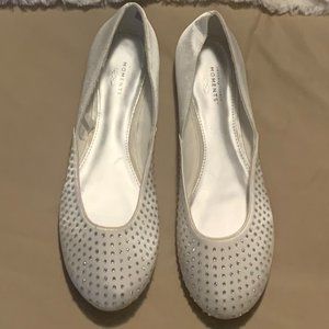 White silk flats with rhinestone accents, size 6.5